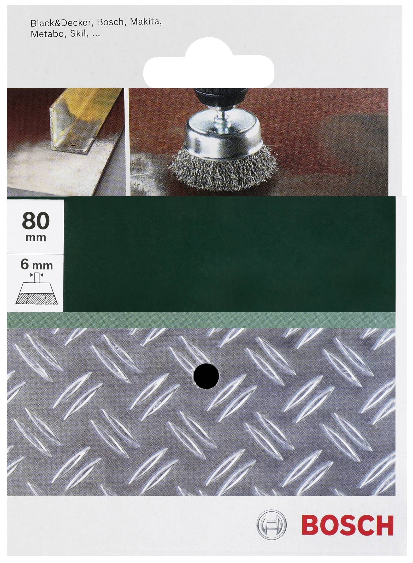 Emballage de papier abrasif Bosch de 80 mm de diamètre pour le travail des métaux, illustré avec des exemples d'applications sur des surfaces rugueuses.