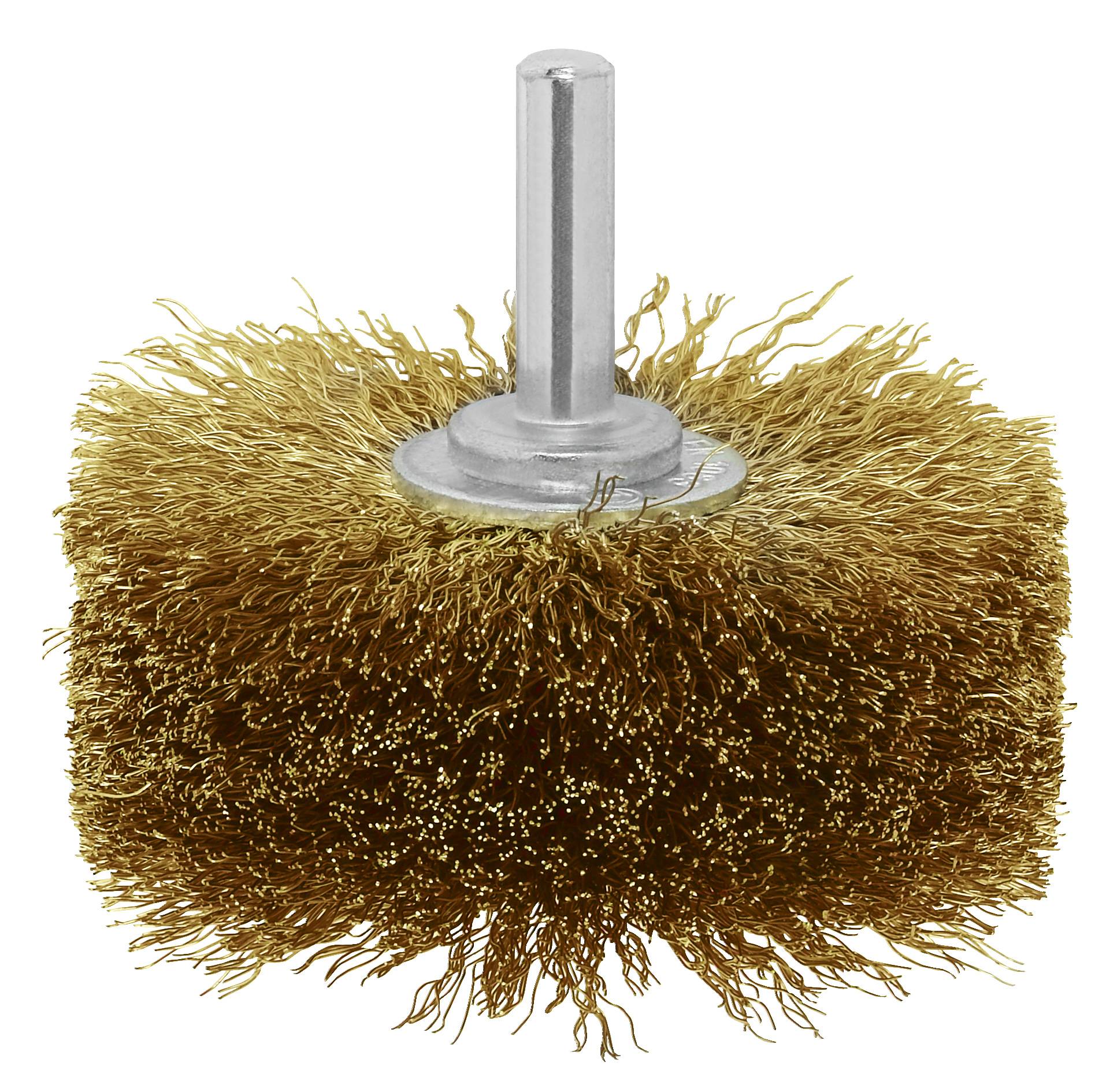 Brosse métallique circulaire avec manche, poils en laiton pour nettoyer et polir les surfaces.