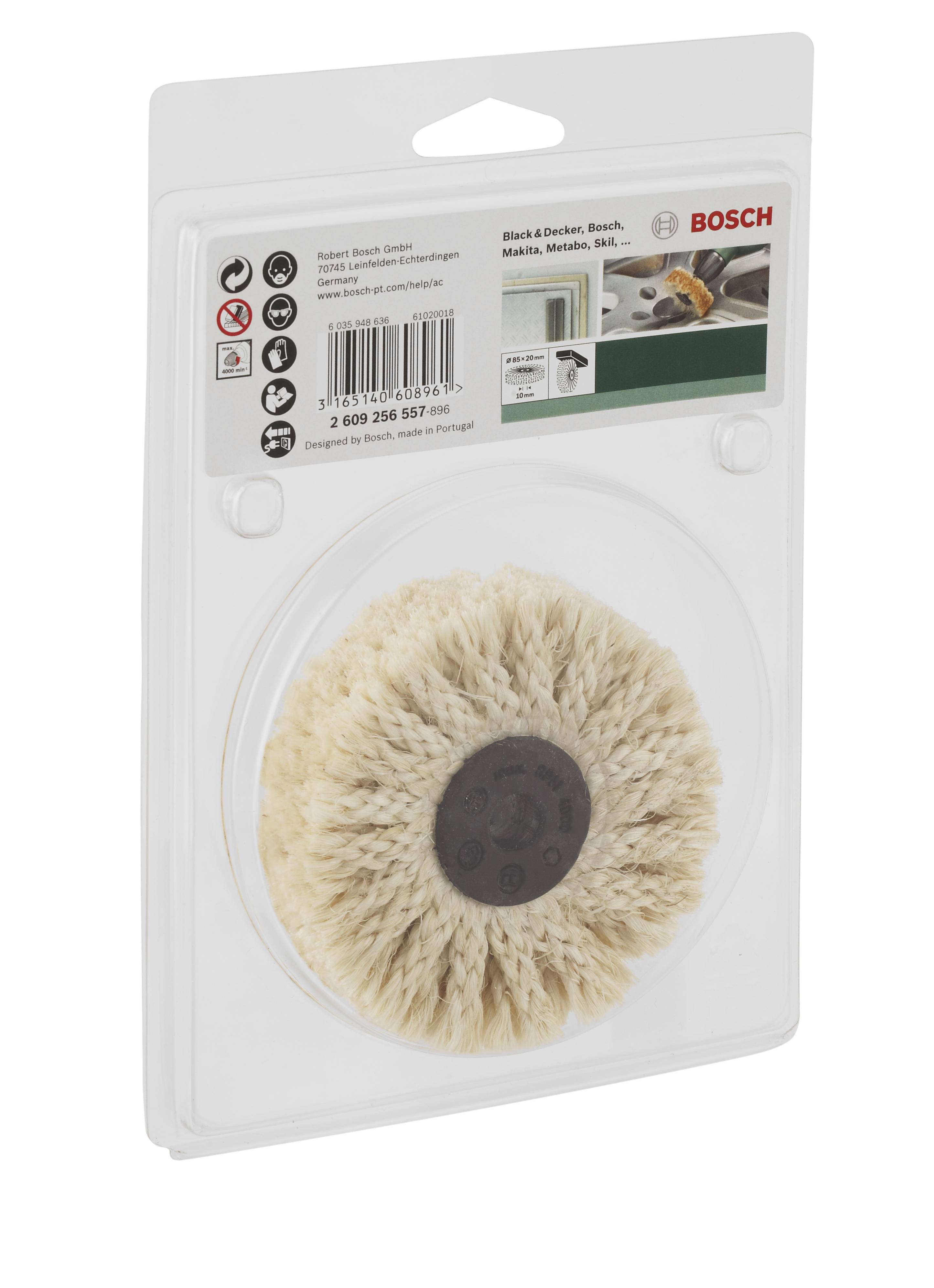 Aide de polissage emballée de Bosch avec poils et fixation. Conçue pour le traitement de surface. Indications de compatibilité sur l'emballage.