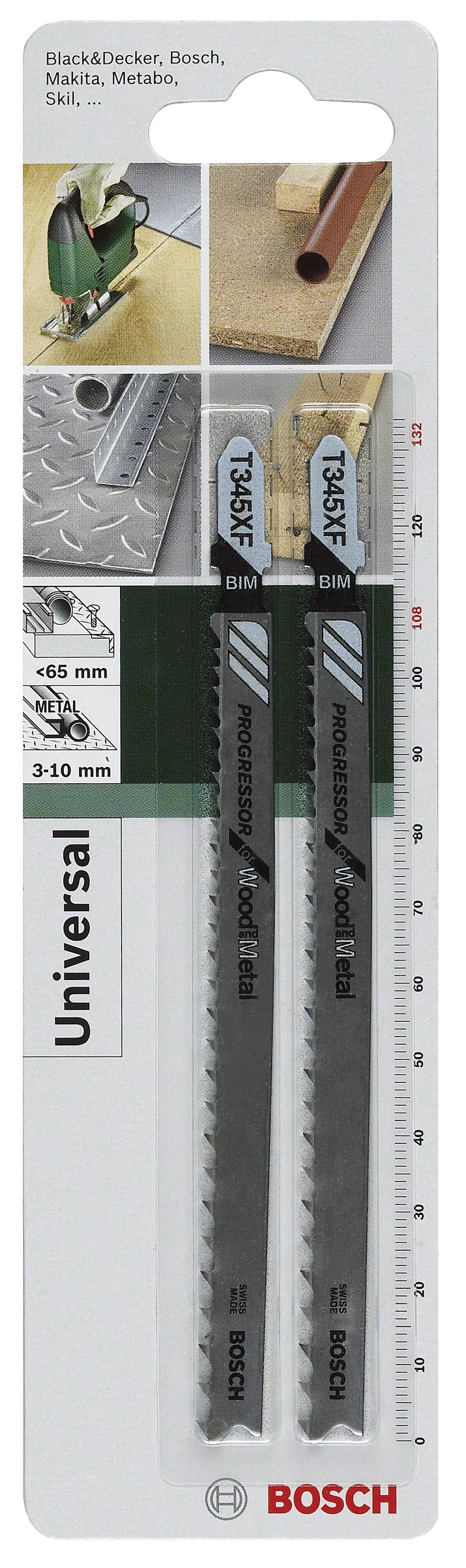 Deux lames de scie Bosch dans un emballage avec dimensions et informations du fabricant. Adaptées à divers matériaux tels que le bois et le métal.