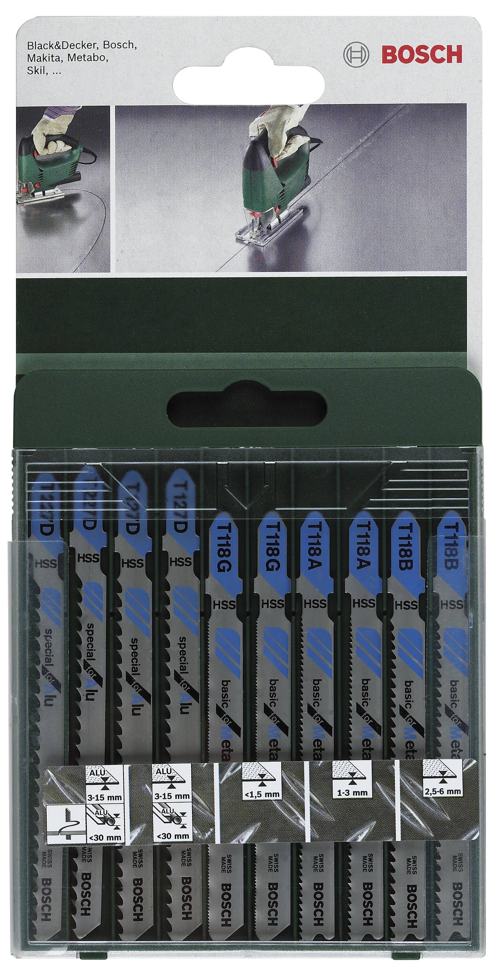 Pack de lames de scie sauteuse Bosch, adaptées à différents matériaux tels que le bois et le métal. Contient plusieurs lames de types variés.