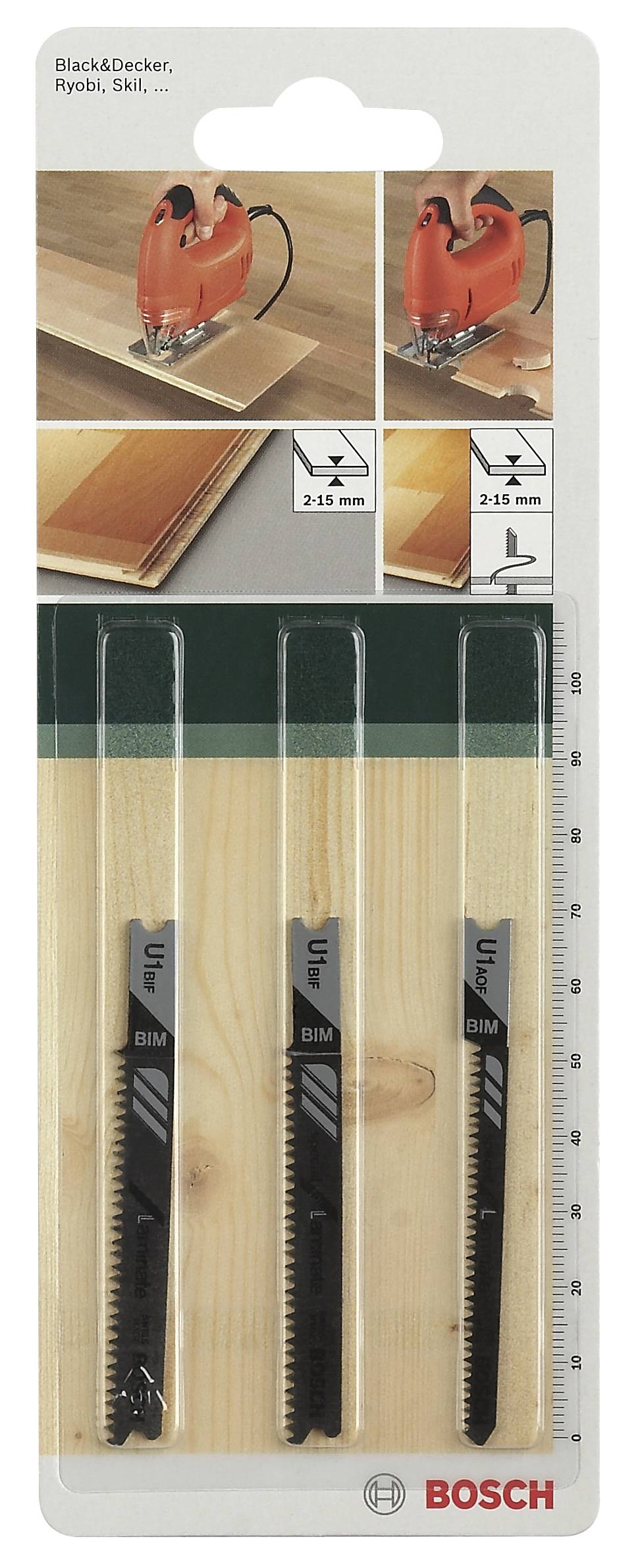 Pack de trois lames de scie sauteuse Bosch, convenant pour la coupe de bois avec Black & Decker, Ryobi, Skil. Deux options d'épaisseur : 2-15 mm, 5-50 mm.