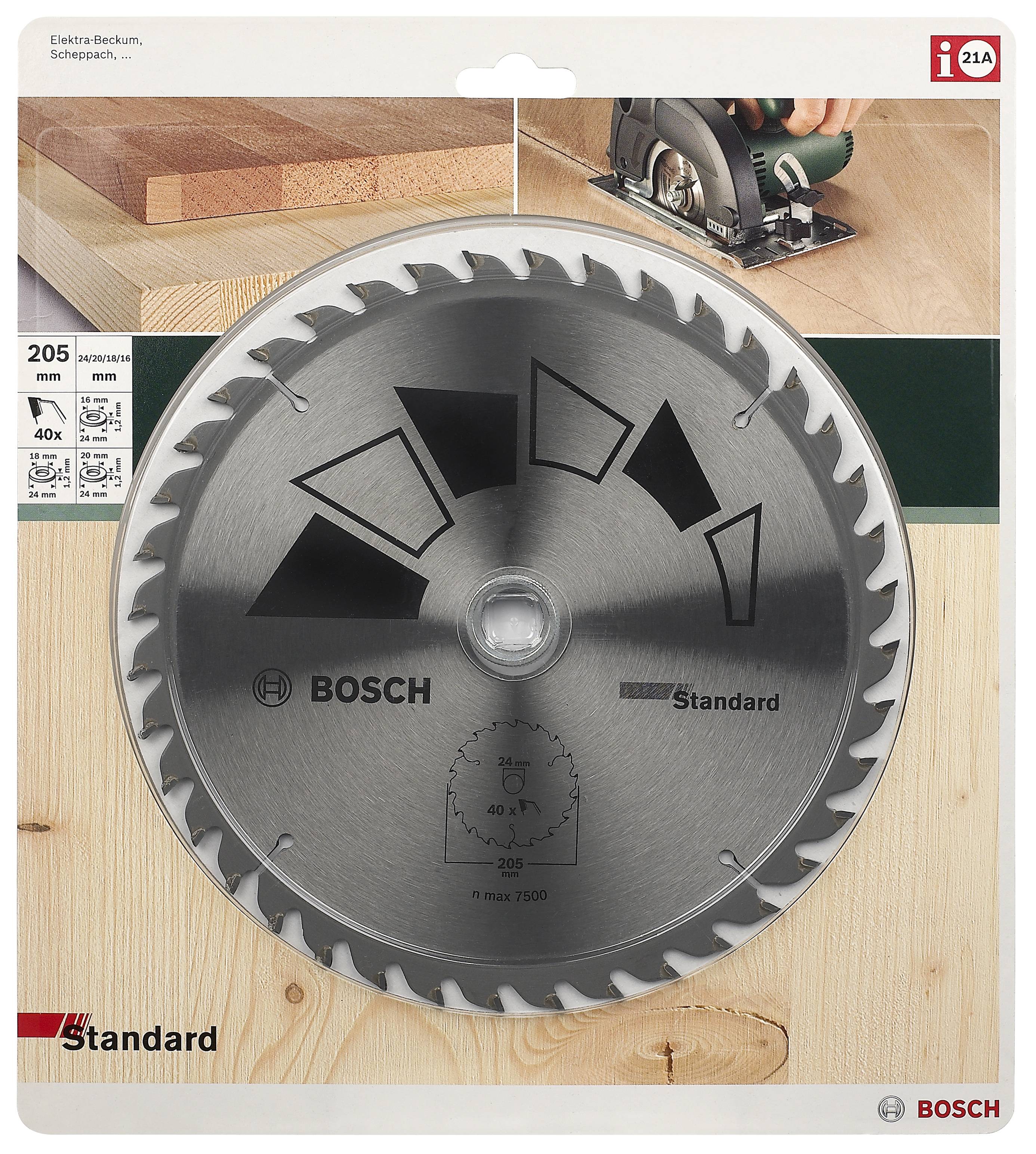 Un disque de scie circulaire Bosch, série standard, pour le bois. Diamètre : 205 mm, 40 dents, vitesse max. 7500 tr/min.