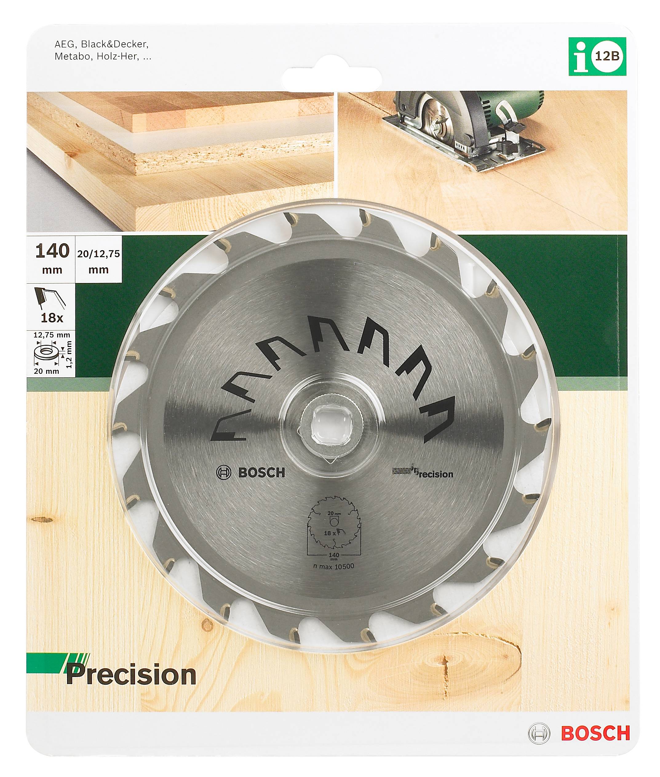 Lame de scie circulaire Bosch pour bois de 140 mm de diamètre avec alésage de 20 mm. L'emballage présente l'application et les spécifications du produit.