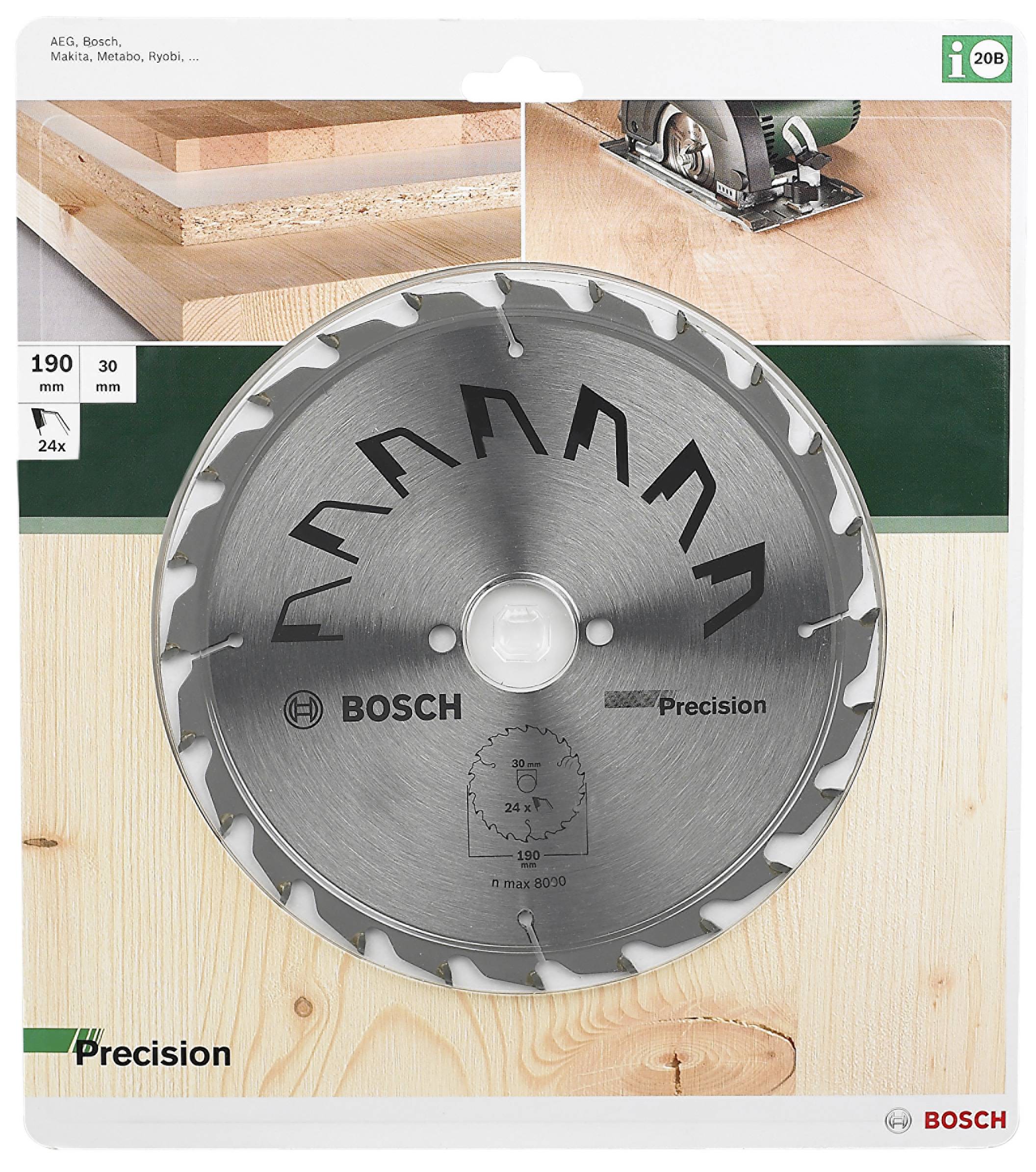Lame de scie circulaire 'Bosch Precision', diamètre 190 mm, 24 dents, illustration d'applications de coupe de bois en haut à gauche.