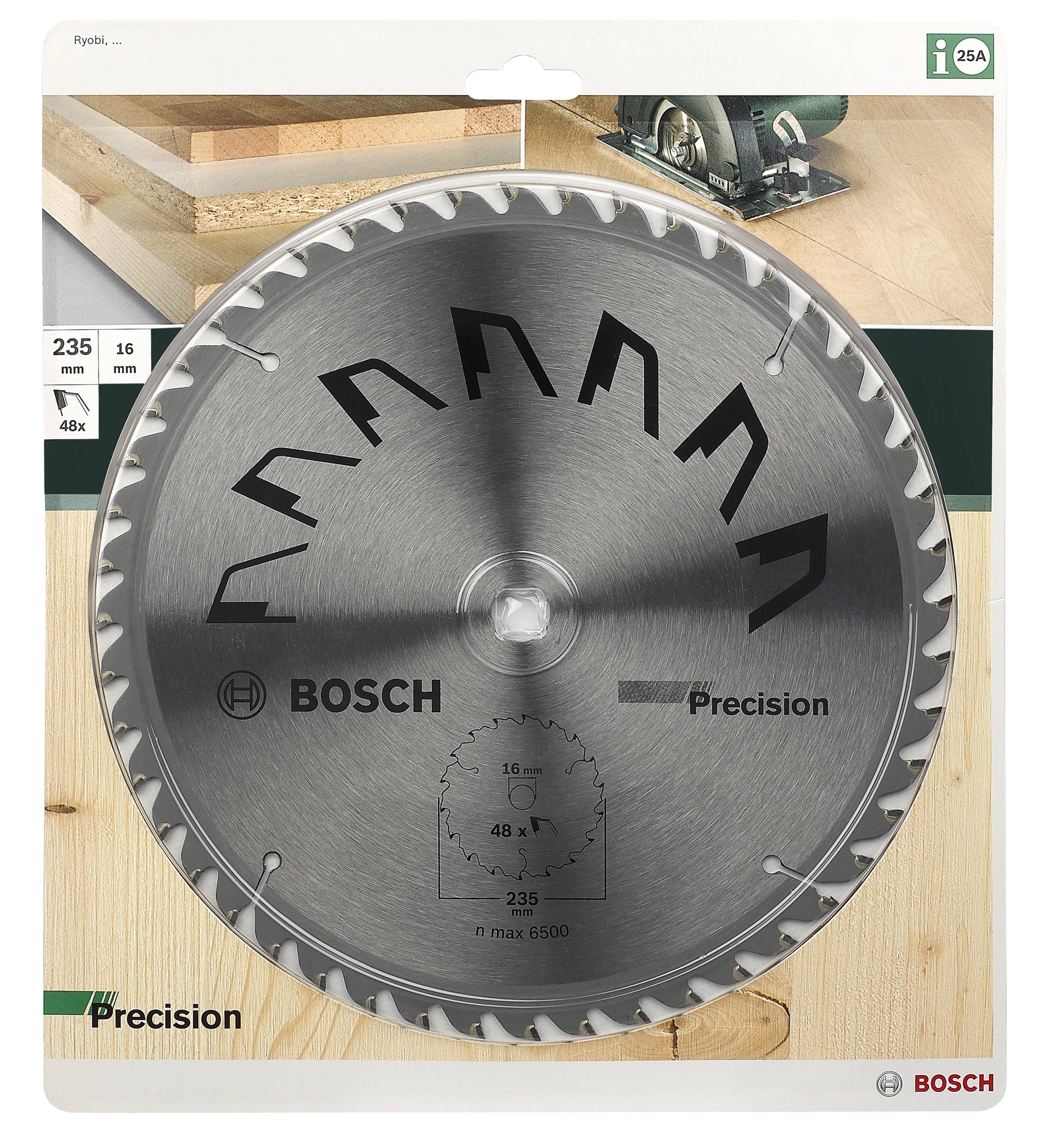 Lame de scie circulaire en emballage, marque BOSCH, diamètre 235 mm, 48 dents, pour une coupe précise du bois, image du produit.