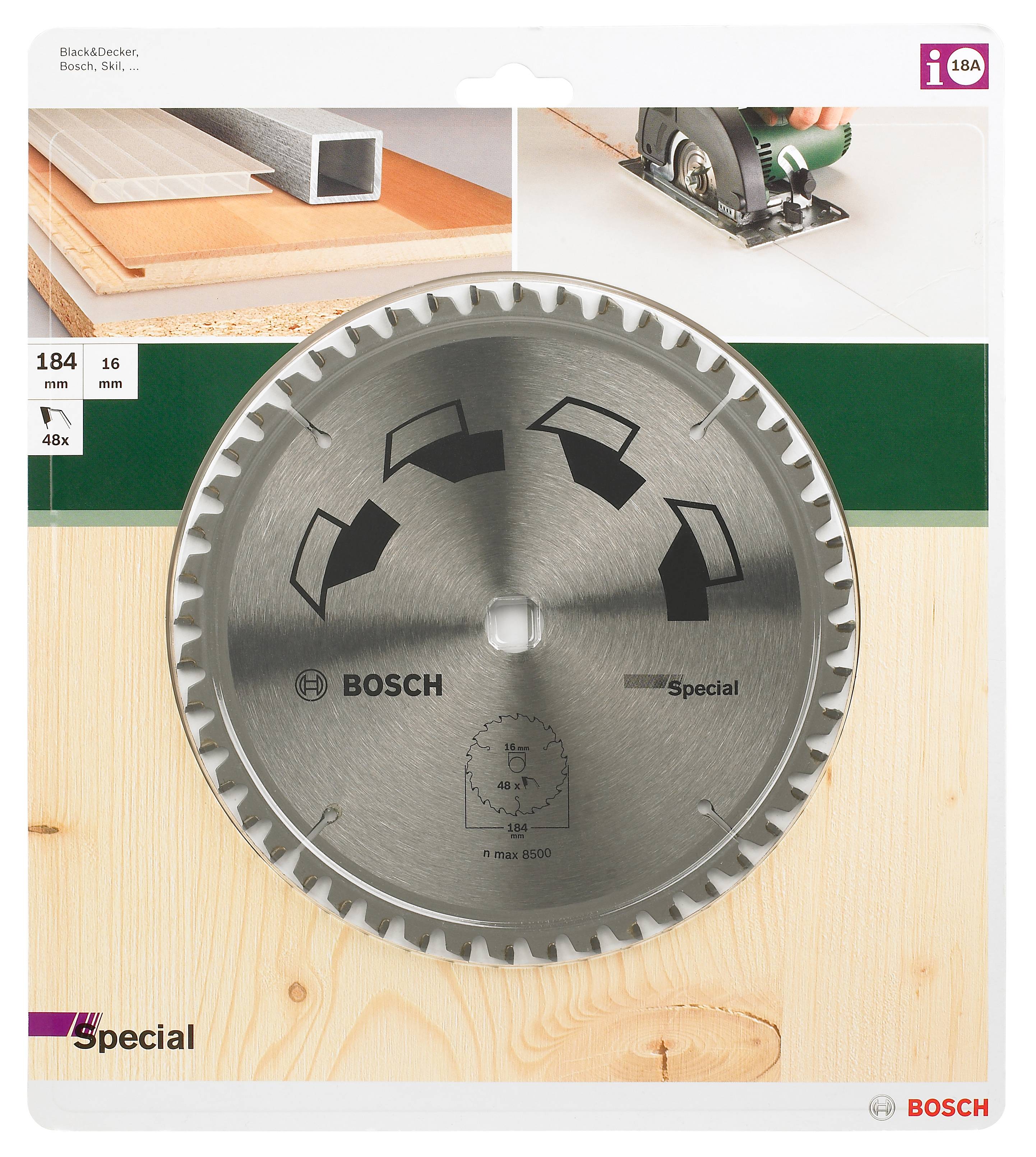 'Lame de scie Bosch avec revêtement spécial, adaptée pour des coupes précises dans le bois. Diamètre 184 mm, 48 dents.'