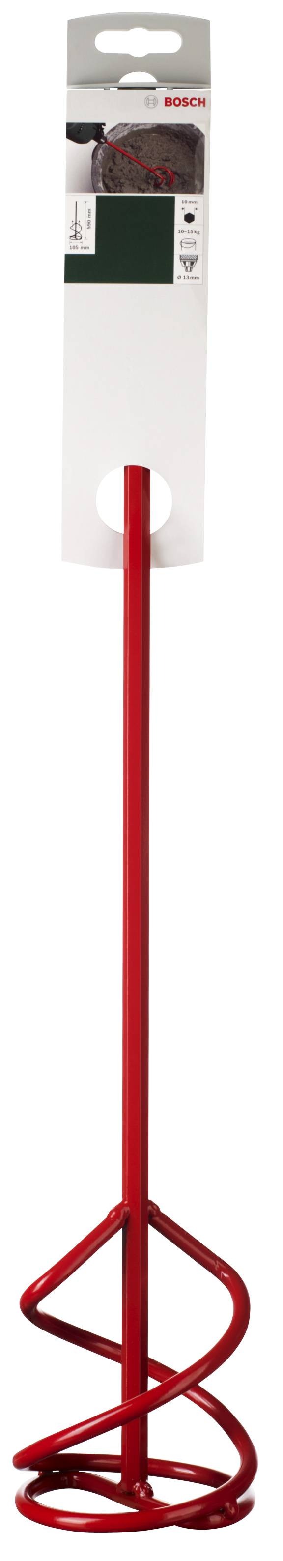 Mélangeur de couleur rouge avec un agitateur à spirale. L'emballage présente en haut une illustration de l'outil, adapté pour une utilisation avec des perceuses.