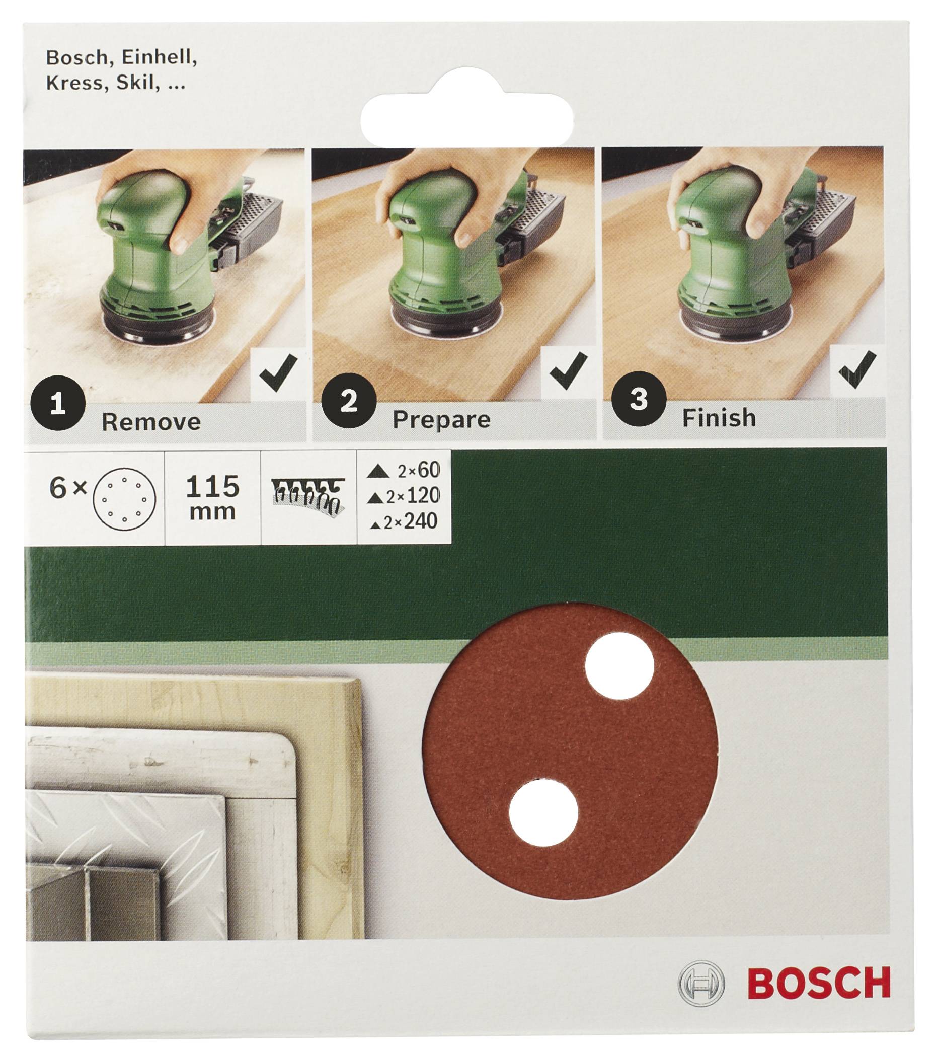 Emballage d'un disque à meuler Bosch avec instructions : '1. Enlever', '2. Préparer', '3. Finaliser' ; détails sur le grain et la marque.