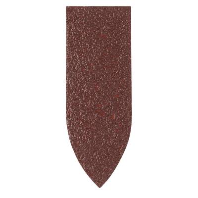 Une feuille de papier de verre couleur rouille, de forme effilée, présentant une texture rugueuse, adaptée pour un ponçage fin.