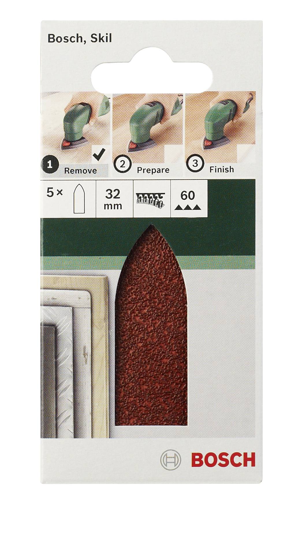 Emballage de papier de verre Bosch 32 mm, adapté pour le retrait, la préparation et le polissage, contenant 5 feuilles pour diverses applications.