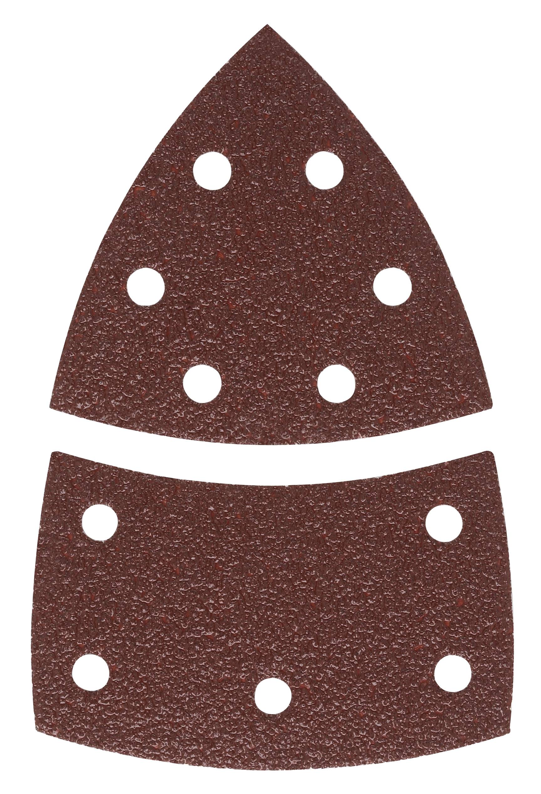 Deux feuilles de papier abrasif : l'une triangulaire avec sept trous, et en dessous une autre rectangulaire avec six trous.