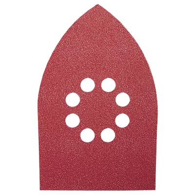 Papier de verre rouge en forme de fer à repasser avec neuf trous ronds disposés symétriquement.
