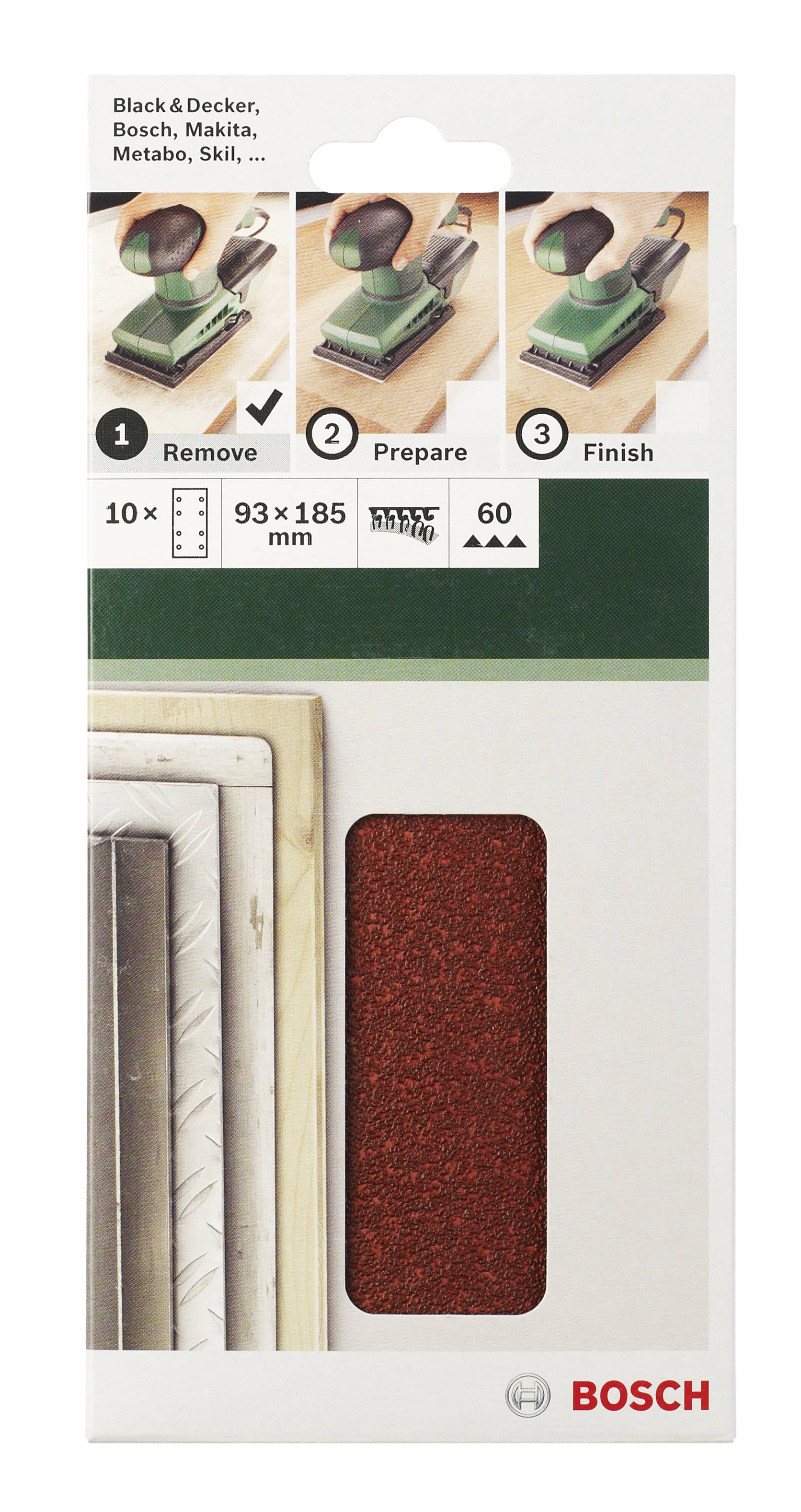 Emballage de papier de verre Bosch, compatible avec différentes marques. Instructions étape par étape : 1. Retirer, 2. Préparer, 3. Finaliser. Dimensions : 93 x 185 mm, Grain : 60.