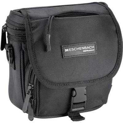 Étui noir pour appareil photo de la marque Eschenbach Germany, avec fermetures à glissière et poignée de transport, adapté au rangement de l'appareil photo et de ses accessoires.