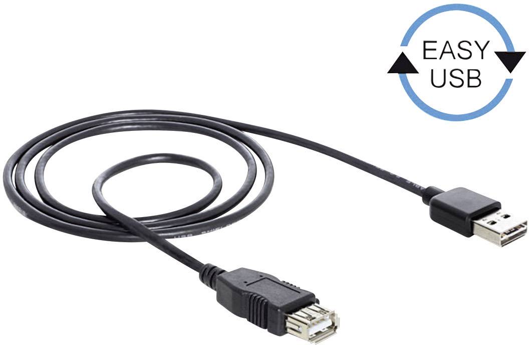 Câble d'extension USB noir avec fiche et port. Symbole en haut à droite avec 'EASY USB' et des flèches suggérant la simplicité.