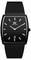 Montre-bracelet noire à cadran rectangulaire avec des aiguilles couleur argent, sans chiffres apparents, au design épuré et moderne.