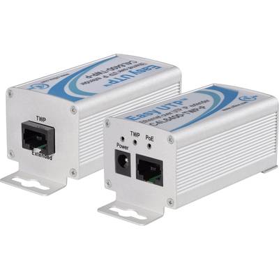 Deux convertisseurs réseau argentés portant l'étiquette 'Easy I UTP', chacun équipé de ports Ethernet et PoE, sur un fond blanc.