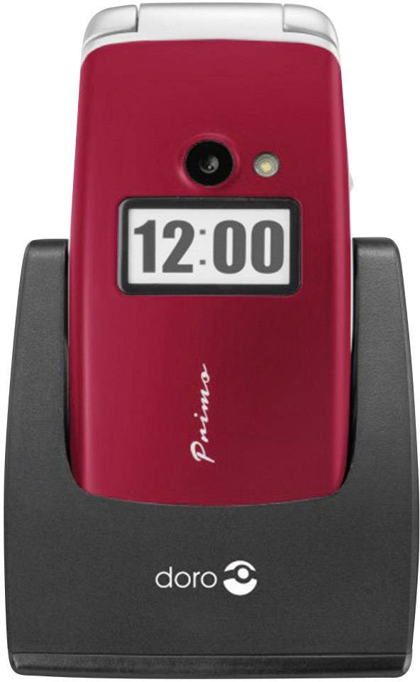 Un téléphone portable à clapet rouge sur sa station de charge, affichant l'heure 12:00.