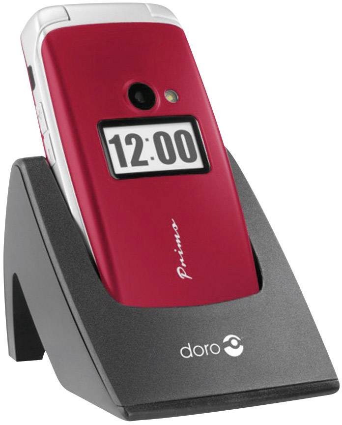 Téléphone portable à clapet rouge avec affichage de l'heure '12:00' sur un support noir portant le logo 'doro'.