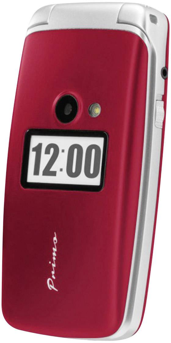 Téléphone portable à clapet rouge avec affichage externe indiquant '12:00'. La caméra et le flash sont situés au-dessus de l'écran.