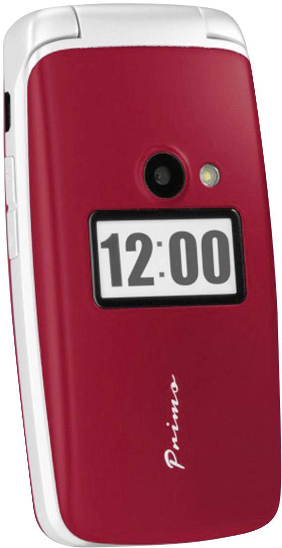 Un téléphone portable à clapet rouge avec un écran externe qui s'allume et affiche '12:00'. La marque est identifiée comme 'Primo'.