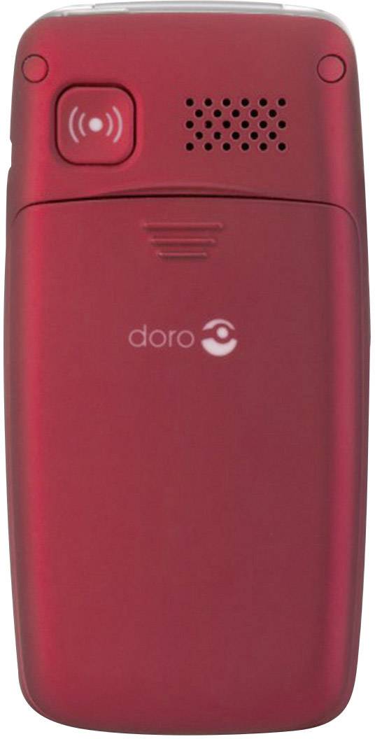 Téléphone portable à clapet rouge avec touche d'appel d'urgence et l'inscription 'doro' au dos.