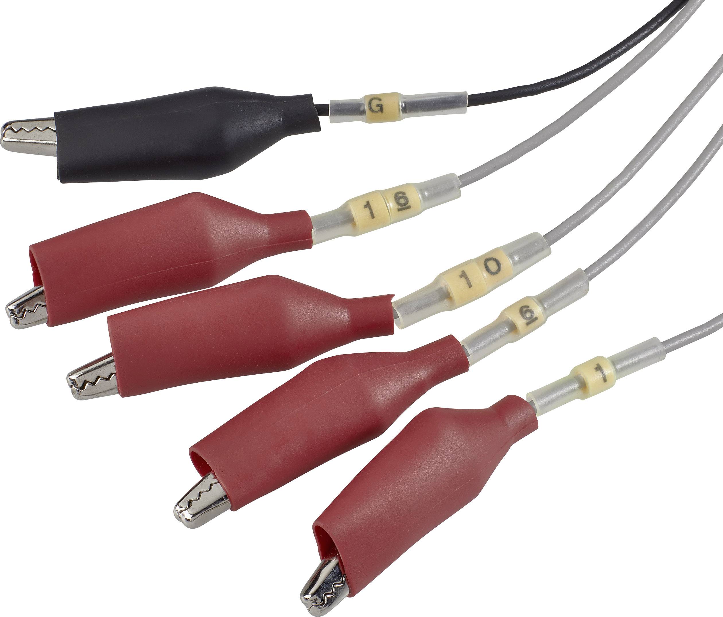 Plusieurs pinces crocodile, une noire et quatre rouges, avec des étiquettes numérotées sur les câbles. Utilisables pour les connexions électriques.