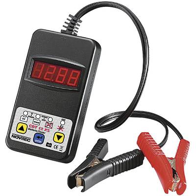 Testeur de batterie avec affichage numérique, indiquant '12.88', équipé de câbles avec pinces. Adapté pour tester les batteries de voiture.