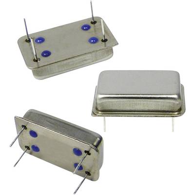 'Trois oscillateurs à quartz métalliques avec des points bleus et des broches de connexion, présentés sous différents angles.'
