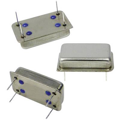 'Trois quartz métalliques marqués en bleu, chacun équipé de quatre broches de connexion. Ils sont représentés sous différents angles.'