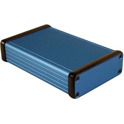 Un boîtier métallique bleu rectangulaire avec des capuchons en plastique noir aux extrémités.