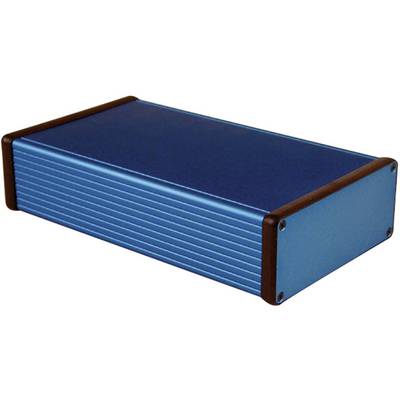 Un boîtier rectangulaire en aluminium bleu avec des embouts noirs, couramment utilisé pour le montage électronique ou comme boîtier de protection.