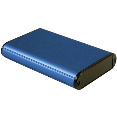 Un boîtier de disque dur externe en bleu et noir. Il est rectangulaire avec des coins arrondis, adapté au stockage de données portable.