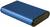 Un boîtier de disque dur externe en bleu et noir. Il est rectangulaire avec des coins arrondis, adapté au stockage de données portable.