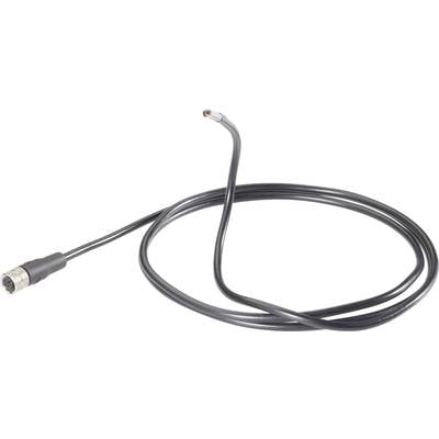 Un câble coaxial noir avec un connecteur métallique, enroulé et légèrement recourbé à son extrémité, sur un fond blanc.