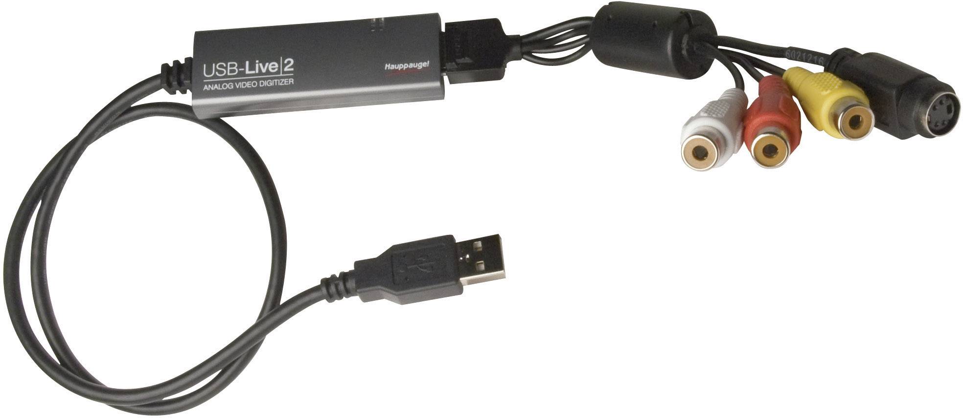 'USB-Live2 Numériseur Vidéo Analogique'. Appareil avec connexion USB et trois sorties vidéo colorées (Rouge, Jaune, Blanc) pour la numérisation de vidéos.