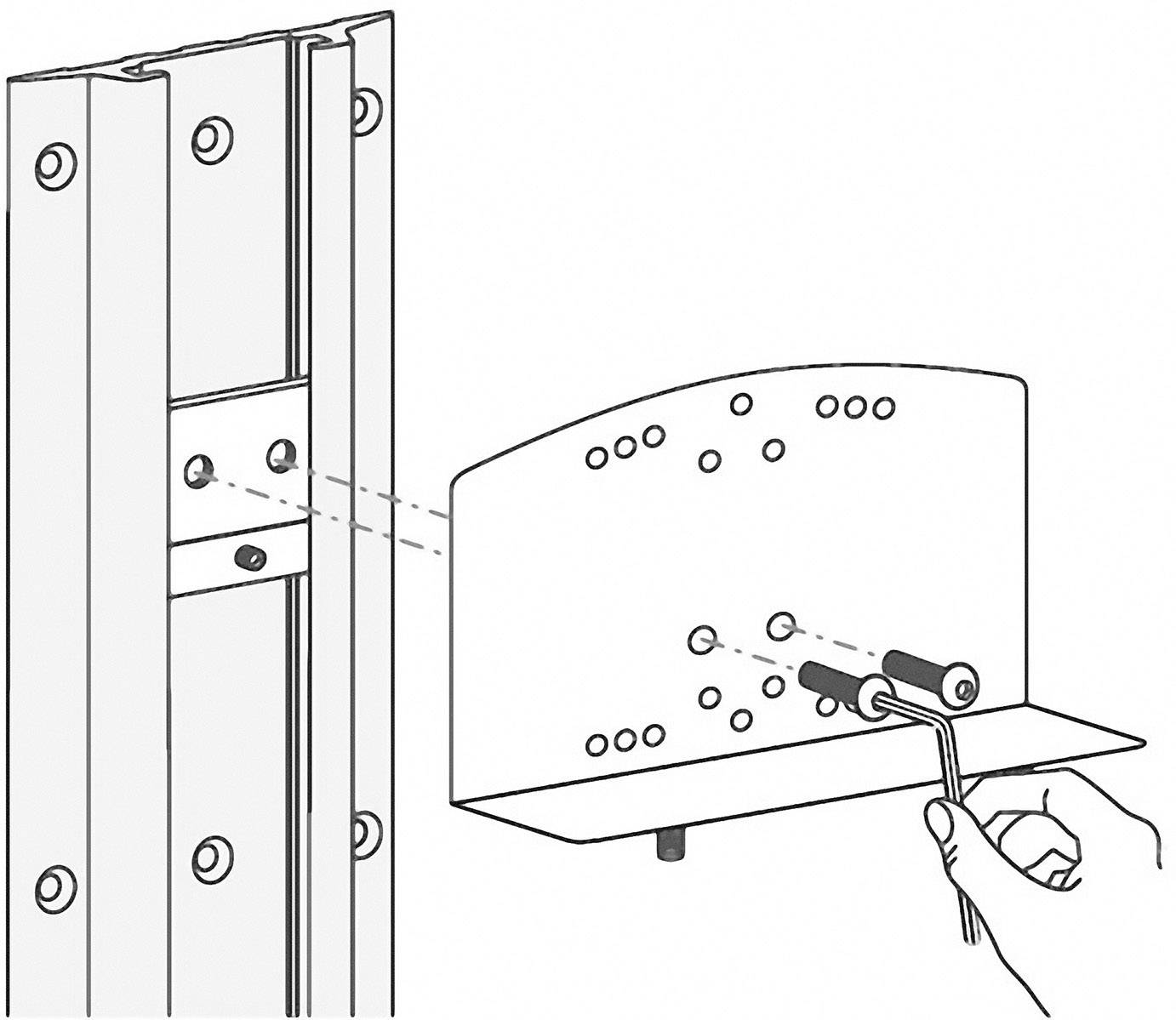 Une main serre deux vis à l'aide d'une clé Allen pour fixer une plaque métallique sur un support vertical.