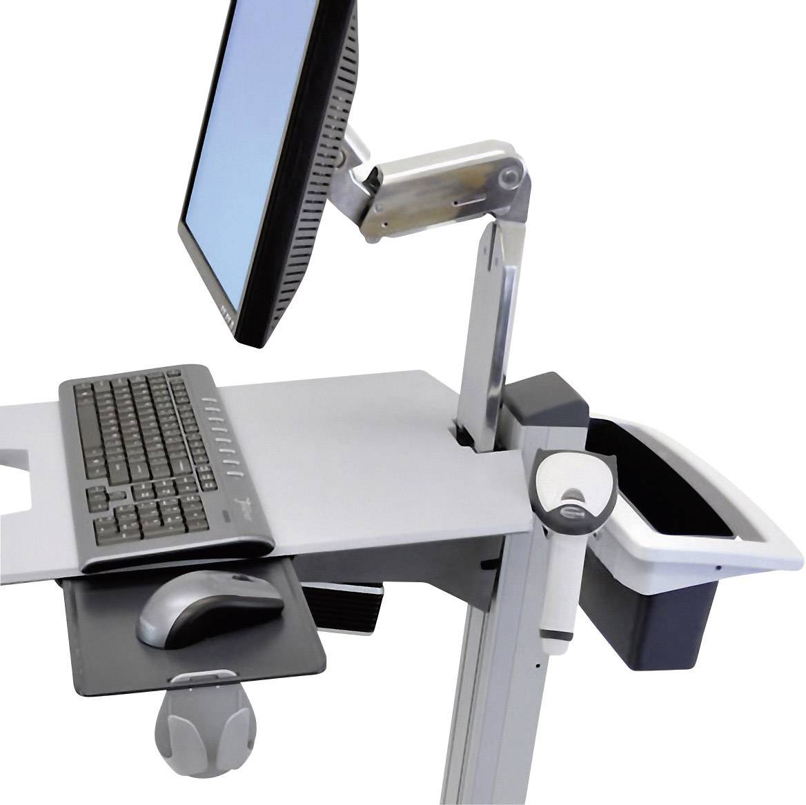 Un bureau d'ordinateur réglable en hauteur avec moniteur, clavier et souris. Le bureau est équipé de roues et dispose d'un panier de rangement supplémentaire.