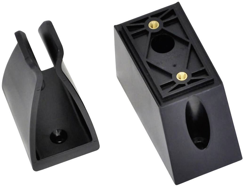 Deux supports en plastique noir, l'un avec une ouverture de fixation périphérique, l'autre avec un dispositif de fixation vertical.
