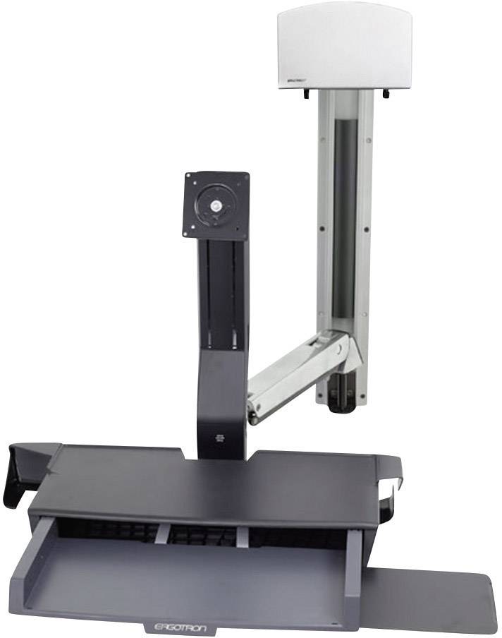 Un poste de travail mural réglable en hauteur avec support de clavier et support de moniteur, idéal pour l'aménagement ergonomique d'un espace de travail.