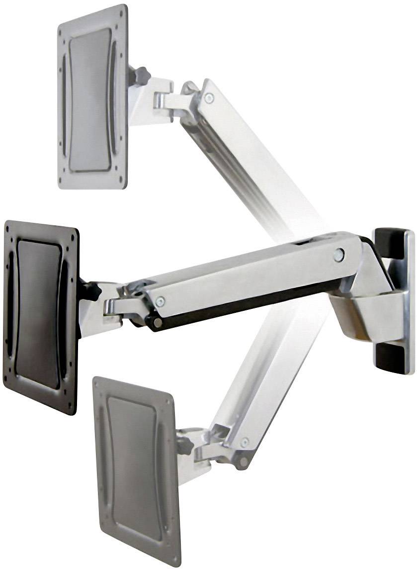 Un support triple pour moniteurs en métal, fixé au mur. Chaque bras dispose d'un support rectangulaire pour écrans.