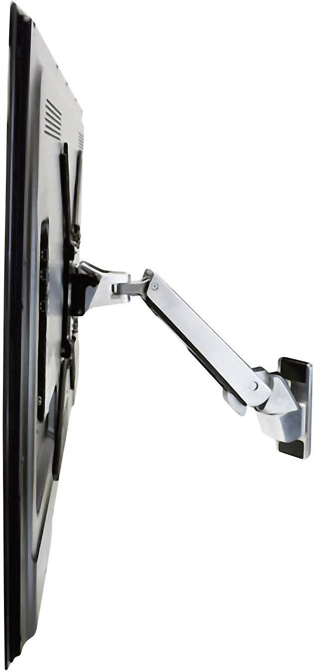 Téléviseur plat monté latéralement sur un support mural pivotant, montrant des bras articulés et la fixation murale.