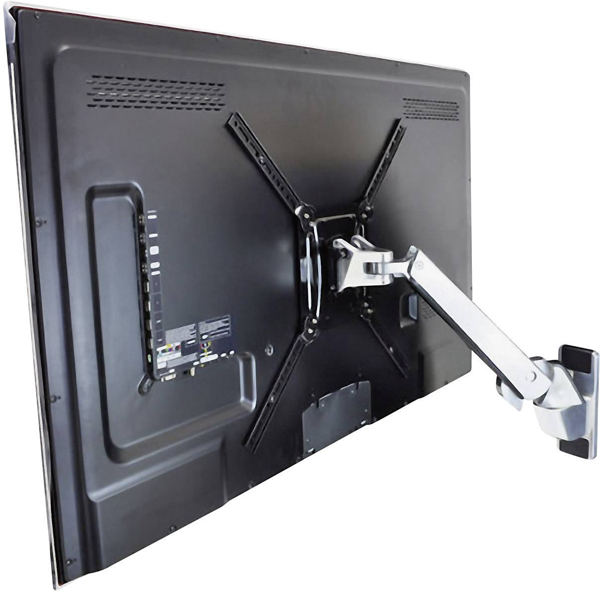 Un grand écran est monté sur un bras mural pivotant. Le bras permet un positionnement et une orientation flexibles de l'écran.