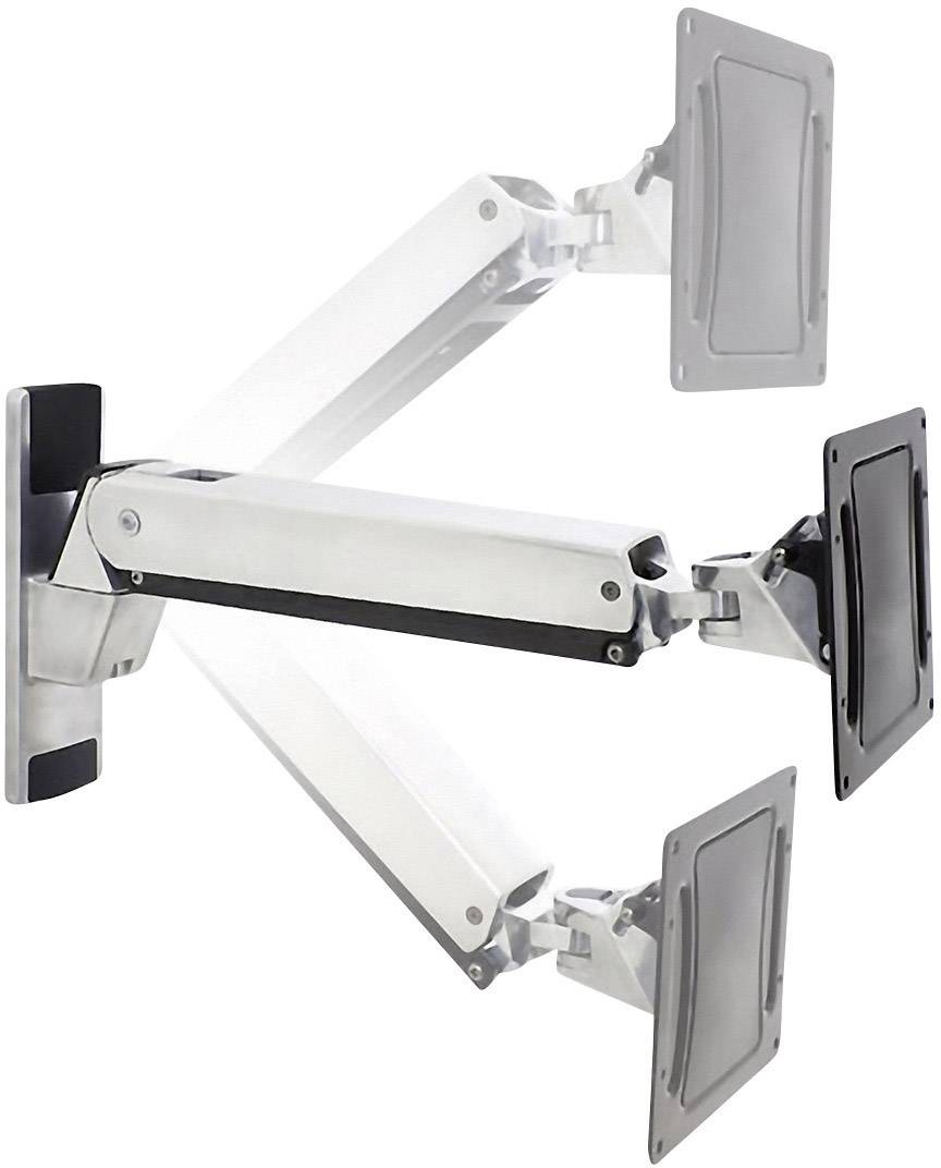 Support de moniteur avec bras articulable en trois positions. Présenté en trois positions : contre le mur, mi-déployé, complètement déployé.