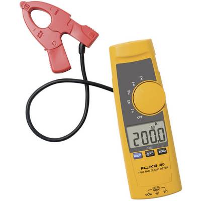 Un appareil de mesure électrique jaune avec un affichage numérique indique '200,0'. Pince de mesure rouge connectée pour les mesures de courant.