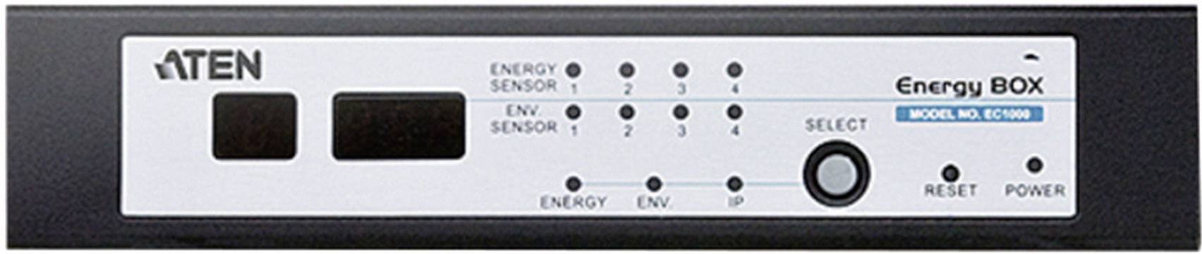 Un dispositif de gestion d'énergie d'ATEN, modèle EC1000, affiche des voyants LED pour les capteurs énergétiques et environnementaux ainsi que des touches de commande.