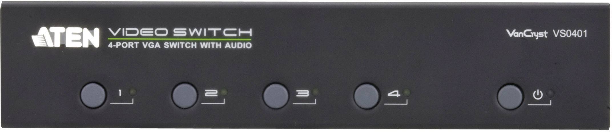 Commutateur vidéo ATEN, un commutateur VGA à 4 ports avec audio. Cinq touches sont situées sur le panneau avant, numérotées de 1 à 4, ainsi qu'une touche d'alimentation.