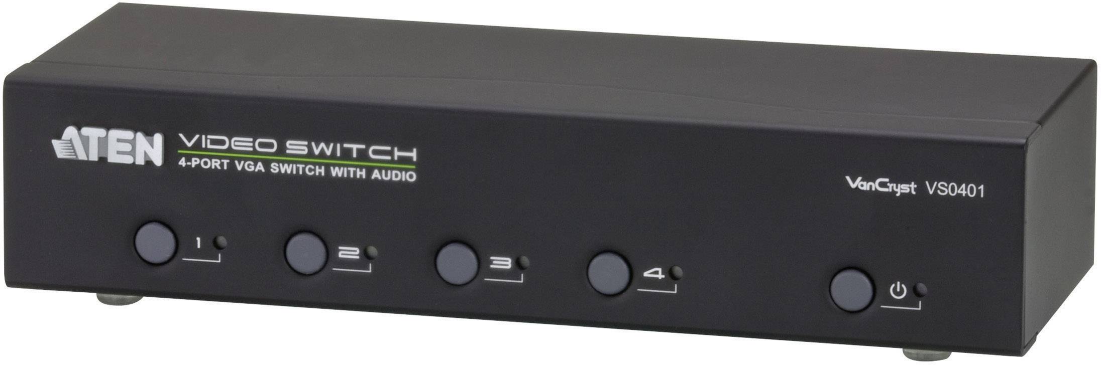 Commutateur VGA noir avec audio, face avant présentant quatre boutons numérotés pour basculer entre les entrées vidéo, marque 'ATEN'.
