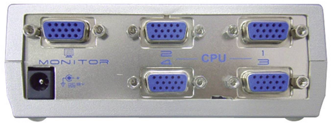 Un commutateur KVM argenté avec quatre ports VGA bleus (1-4) en haut, une entrée d'alimentation en bas à gauche et un port 'MONITEUR' en bas.